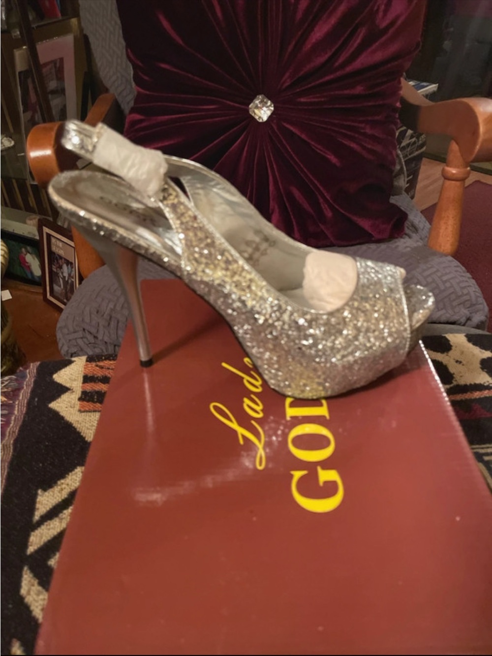 Glitter Peep-Toe Slingback High Heels - Silver
